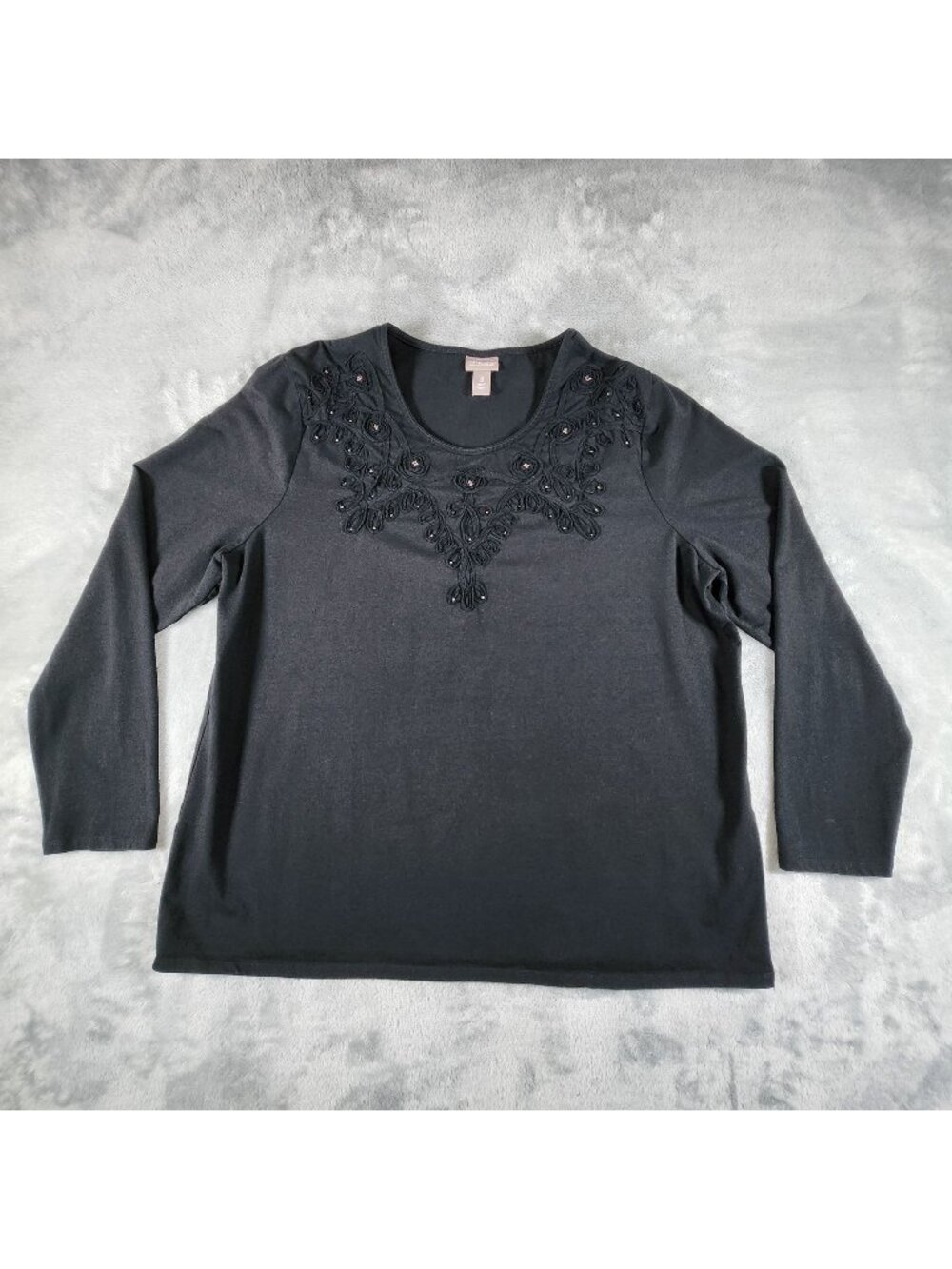 Chicos Embroidered Knit Top 3 Black Beaded Embellished Long Sleeve Casual